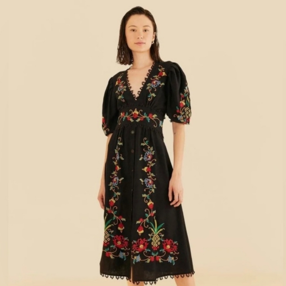 Farm Rio Black Cross Stitch V-Neck Linen Blend Dress NWT